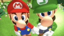 mario and luigi are standing next to each other on a grassy field