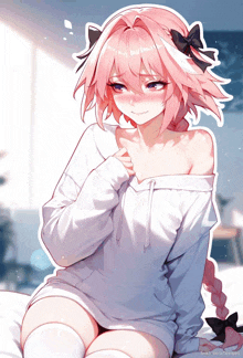 a drawing of a girl with pink hair and a white hoodie