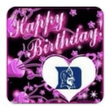 it is a happy birthday card with a heart and a duke logo on it .