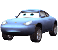 a blue car with big eyes and a porsche logo on it