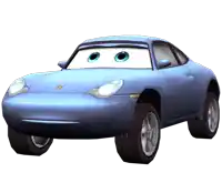 a blue car with big eyes and a porsche logo on it