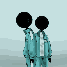 a drawing of two stick figures with the number 014 on their uniforms