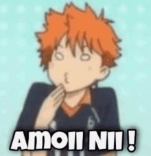 a cartoon boy with orange hair is making a funny face and says amoii ni !