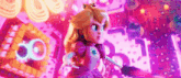 princess peach is holding a sword in a video game and looking angry .