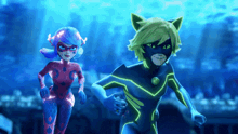 ladybug and cat noir from miraculous ladybug are running together