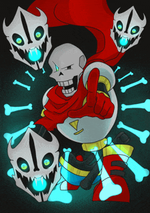 a cartoon drawing of papyrus surrounded by bones and giving a thumbs up