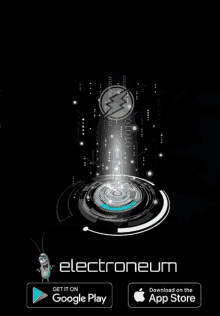 a poster for electroneum shows a cartoon character and says " get it on google play " and " download on the app store "