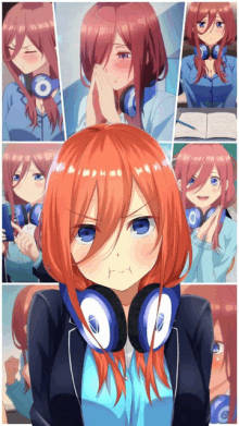 a collage of images of a girl with headphones