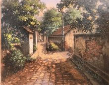 a painting of a man carrying a load down a cobblestone road