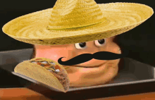 a cartoon character wearing a sombrero and a mustache holds a taco