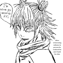 a black and white drawing of a girl with a speech bubble that says i 'm bound get waffles
