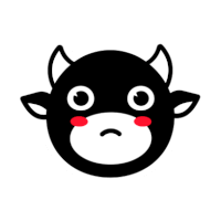 a black and white cartoon cow with horns and a sad face on a white background .