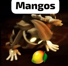 a picture of a cartoon character holding a mango with the word mangos on the bottom