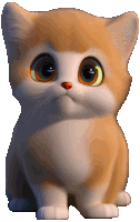 a brown and white cartoon cat with big eyes looks at the camera