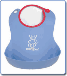 a blue baby bjorn bib with a red rope around the neck