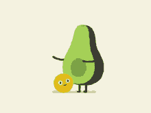 a cartoon avocado with arms and legs is holding a yellow ball .