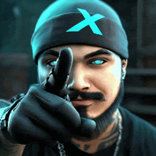 a man with a beard and blue eyes wears a hat with an x on it