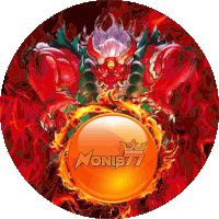 a monis77 logo with a red demon holding a fireball