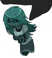 a drawing of a girl with long green hair wearing a striped shirt and a skirt .