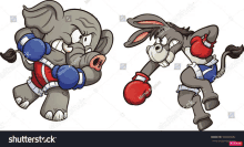 an elephant and a donkey wearing boxing gloves are fighting each other .