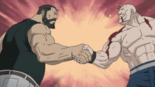 two muscular men shaking hands in a cartoon