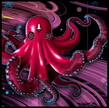 a purple octopus with a white circle on its eyes is on a purple and black background