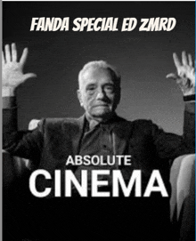 a poster for absolute cinema shows a man with his hands up