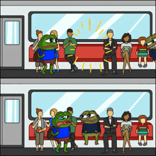 a cartoon of people sitting on a bus with a frog standing in front of them