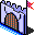 a pixel art drawing of a castle with a wooden door and a flag .