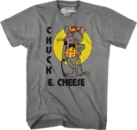 a grey t-shirt with chuck e. cheese on the front