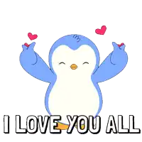 a blue and white penguin is surrounded by red hearts and the words " i love you all "