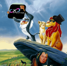 a cartoon of the lion king with a monkey holding up a sign that says spectrar