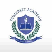 a logo for somerset academy with a book and a torch