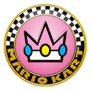 a pink mario kart badge with a crown on it