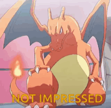 a cartoon of a dragon with the words `` not impressed '' written above it .