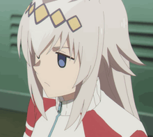 a close up of a cartoon character with white hair and a blue eye
