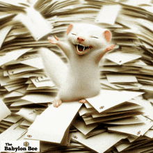 a babylon bee ad with a white mouse on top of a pile of paper