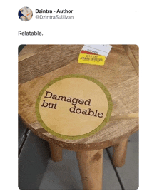 a picture of a wooden stool that says damaged but doable