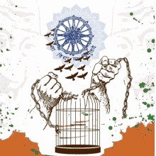 a drawing of a person 's hands chained to a cage with birds flying around them