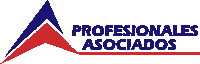 a logo for profesionales asociados has a red white and blue triangle on it