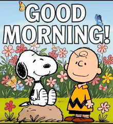 a cartoon of snoopy and charlie brown with the words good morning