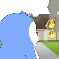 a blue and white cartoon character looking at a house on fire