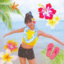 a woman in a yellow top and black shorts is standing on a beach with her arms outstretched