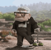 a cartoon character from up is walking with a cane and a pair of green shoes .
