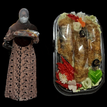 a woman in a mask holds a tray of food next to a tray of food