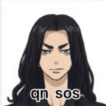 a cartoon of a man with long black hair and the words `` qn sos '' on his face .