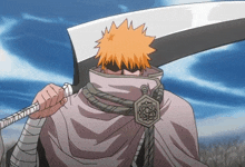 a cartoon character with orange hair is holding a large sword in front of his face