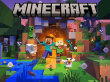 a poster for the video game minecraft showing a sheep a chicken and a creeper