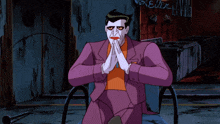 a cartoon of the joker is sitting in front of a sign that says evil living