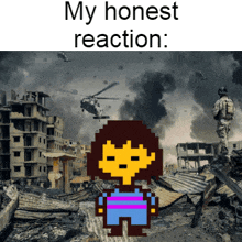 a pixel art of frisk standing in front of a destroyed city with a helicopter flying overhead